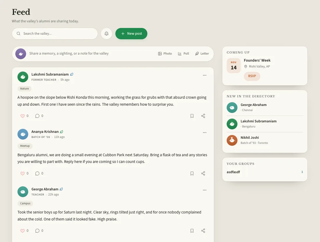 The feed, a calm ruled sheet of posts from members.